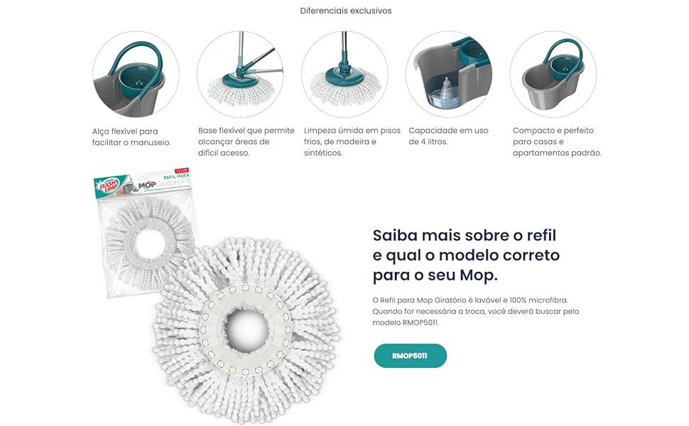 1 Mop Fit Flash Limp Extensível Giratório MOP5010 + 2 Refis